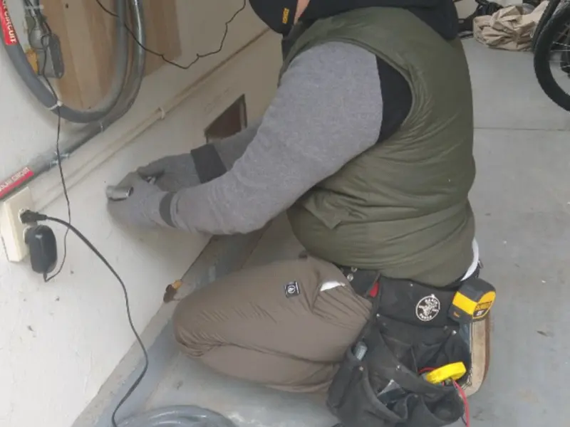 Electrician performing outlet wiring in a Mills garage